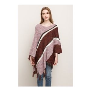Mystree Unbalanced Fringe Color Block Poncho